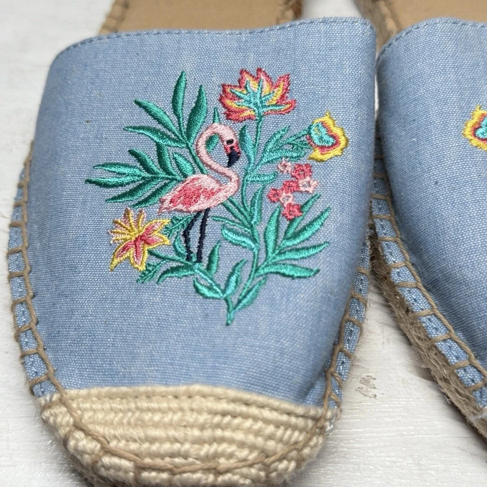TALBOTS Espadrille Sandals Size 9.5 Chambray Izzy D'Orsay Embroidered Flamingo